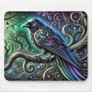 Raven with Iridescent Feathers in Enchanted Forest Mouse Mat