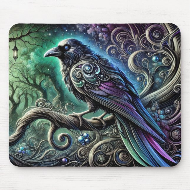 Raven with Iridescent Feathers in Enchanted Forest Mouse Mat (Front)