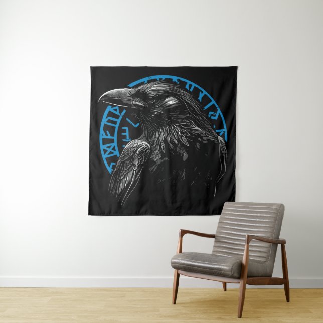 Raven with Norse Runes - Dark Art Tapestry (In Situ)