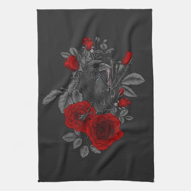 Raven with the key and roses tea towel (Vertical)