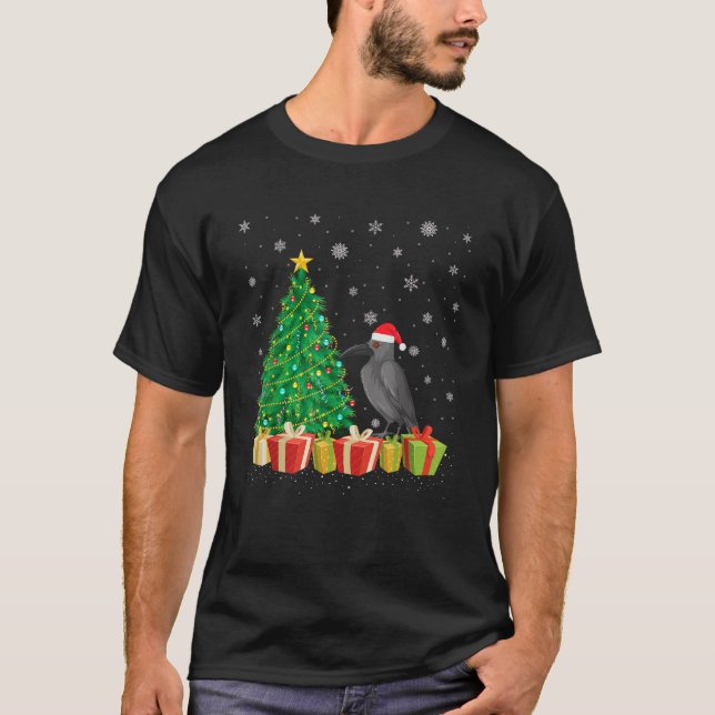 Raven Xmas Tree Lighting Santa Hat Raven Christmas T-Shirt (Front)