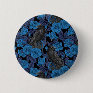 Ravens and blue roses 6 cm round badge