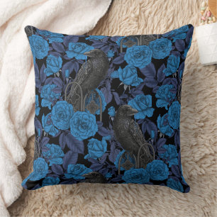 Ravens and  blue roses cushion