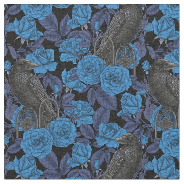 Ravens and  blue roses fabric (Close Up)