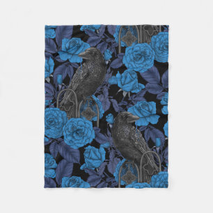 Ravens and  blue roses fleece blanket