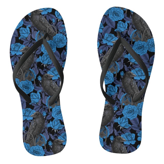 Ravens and  blue roses flip flops (Footbed)