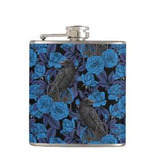 Ravens and  blue roses hip flask
