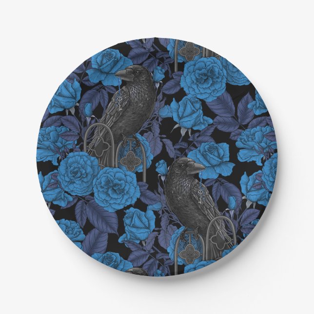 Ravens and  blue roses paper plate (Front)
