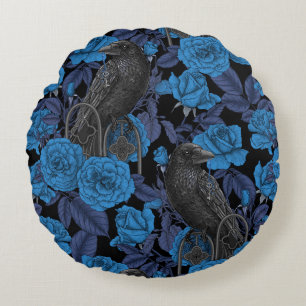 Ravens and blue roses round cushion
