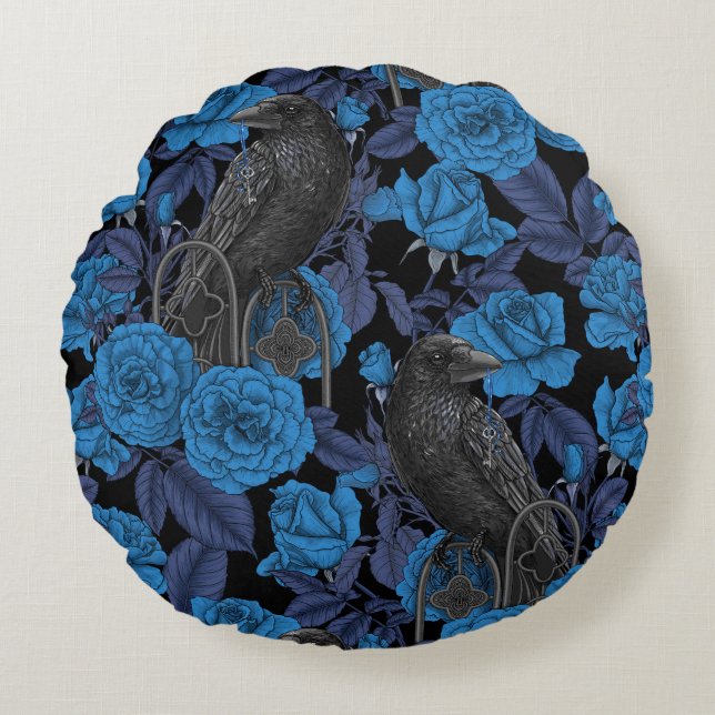 Ravens and  blue roses round cushion (Front)
