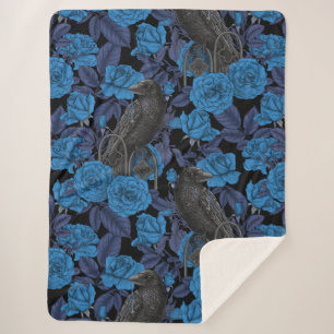 Ravens and blue roses sherpa blanket