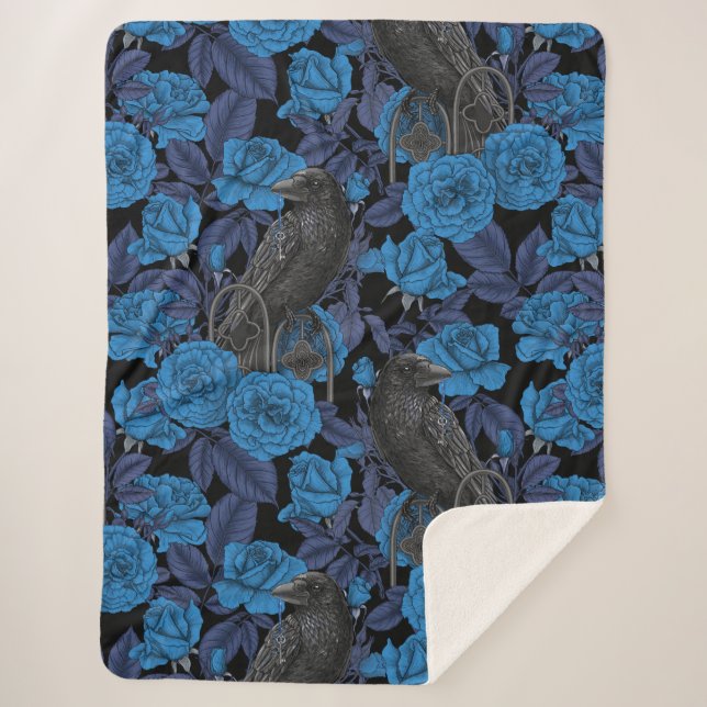 Ravens and  blue roses sherpa blanket (Front)
