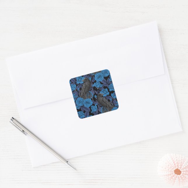 Ravens and  blue roses square sticker (Envelope)