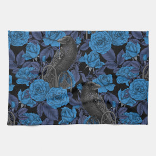 Ravens and  blue roses tea towel