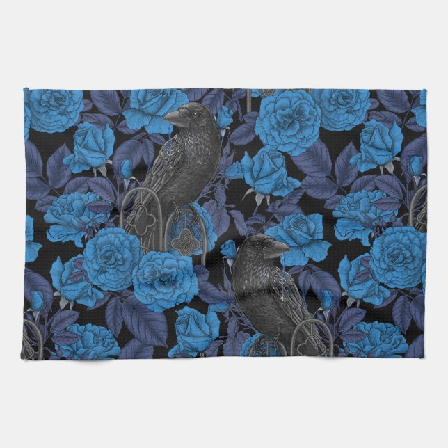 Ravens and  blue roses tea towel (Horizontal)