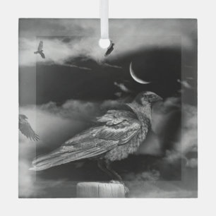 Ravens and Crescent Moon Mystical Magical Glass Tree Decoration