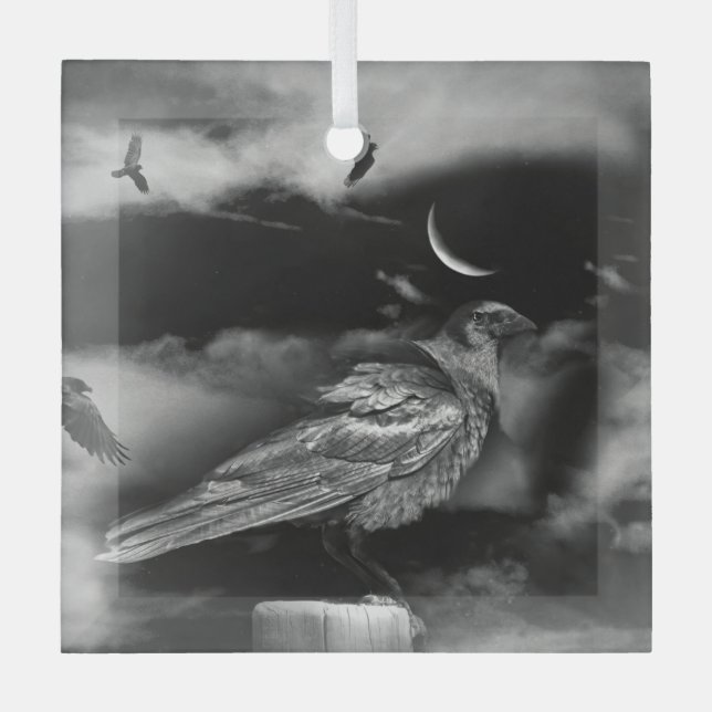Ravens and Crescent Winter Solstice Glass Tree Decoration (Front)