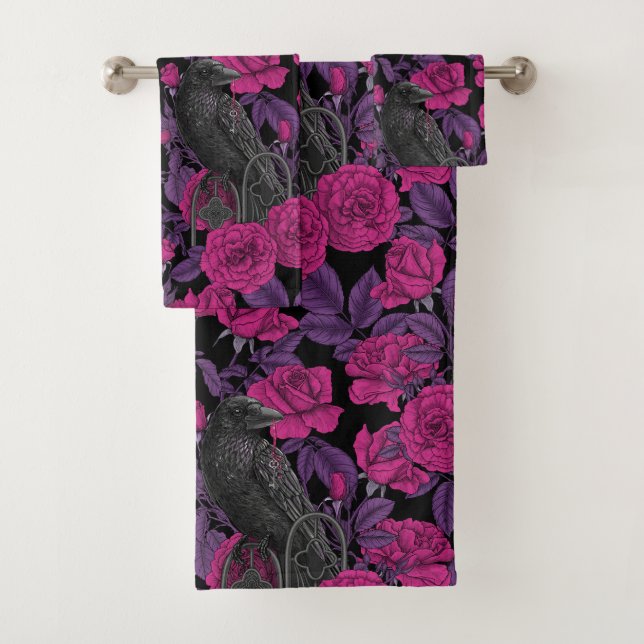 Ravens and pink roses bath towel set (Insitu)