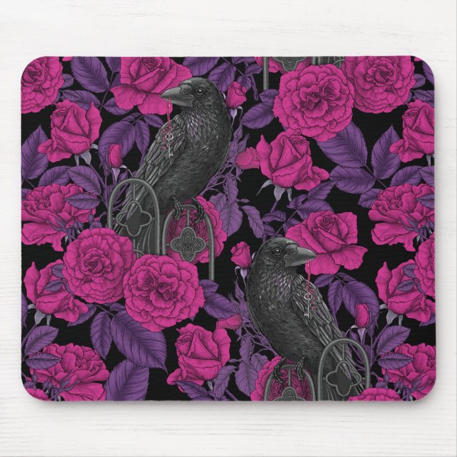 Ravens and pink roses mouse mat (Front)