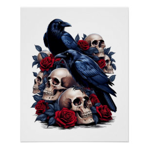 Ravens and Roses: Gothic Skull Design Poster