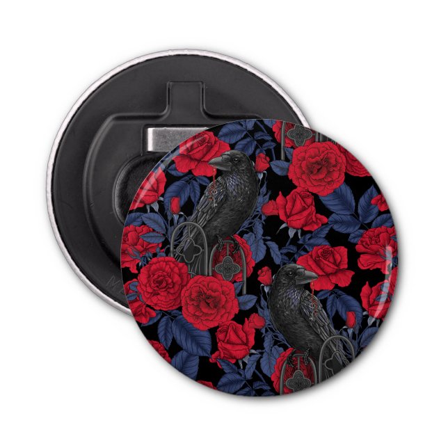 Ravens and roses with dark blue leaves bottle opener (Front)