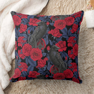 Ravens and roses with dark blue leaves cushion