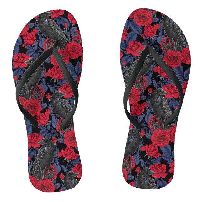 Ravens and roses with dark blue leaves flip flops (Footbed)