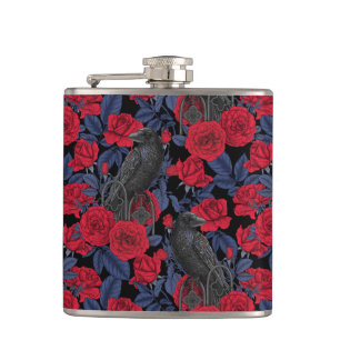 Ravens and roses with dark blue leaves hip flask