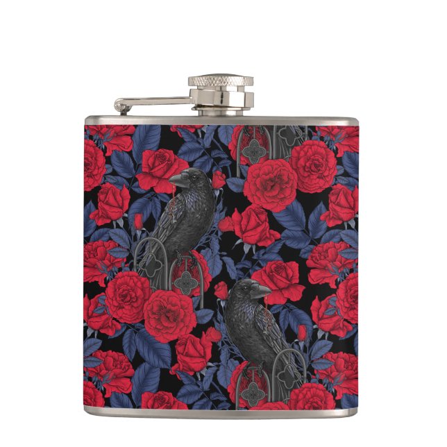 Ravens and roses with dark blue leaves hip flask (Front)
