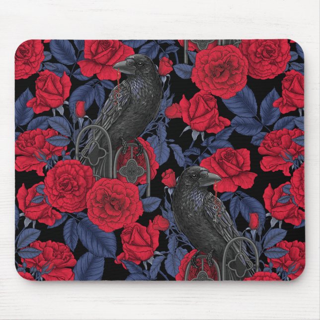 Ravens and roses with dark blue leaves mouse mat (Front)