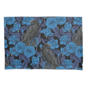 Ravens and roses with dark blue leaves pillowcase