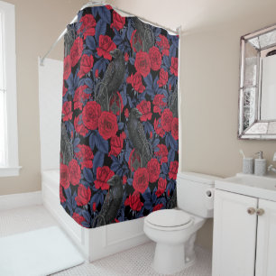 Ravens and roses with dark blue leaves shower curtain