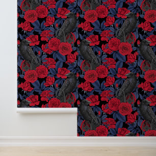 Ravens and roses with dark blue leaves wallpaper