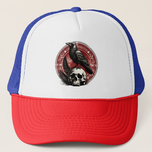 Ravens Black Crow and Skull Witchcraft Occult Trucker Hat (Front)