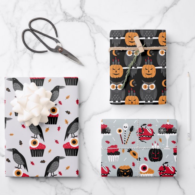 Ravens, Eyeballs Cupcake Design Perfect Halloween  Wrapping Paper Sheet (Front)