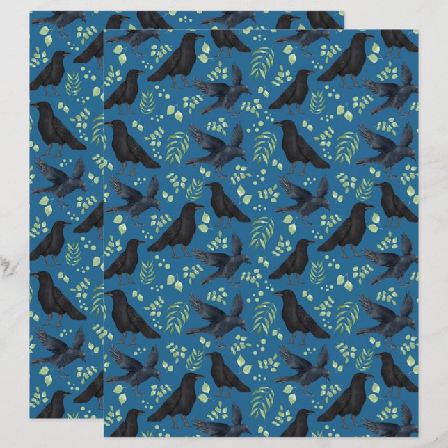Ravens Goth Halloween Scrapbook Paper in Blue (Front/Back)