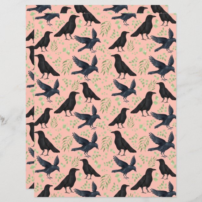 Ravens Goth Halloween Scrapbook Paper in Orange (Front/Back)