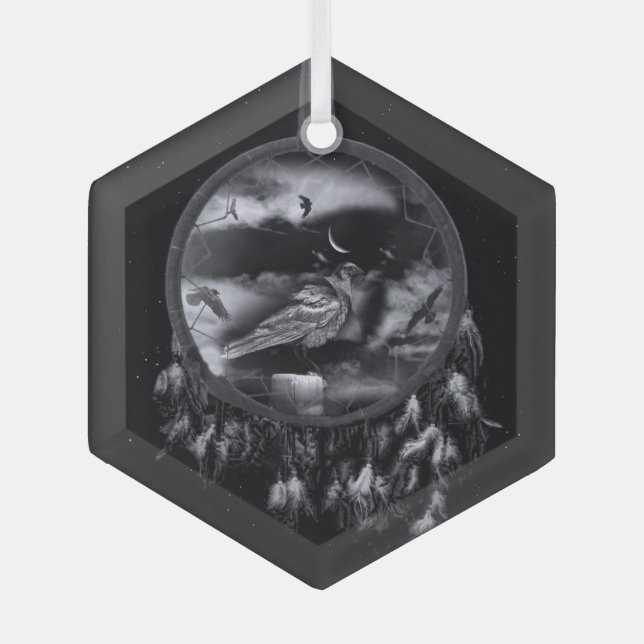 Ravens in Dreamcatcher  Glass Tree Decoration (Front)