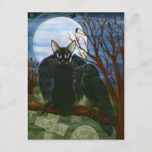 Raven's Moon Black Cat Crow Gothic Art Postcard