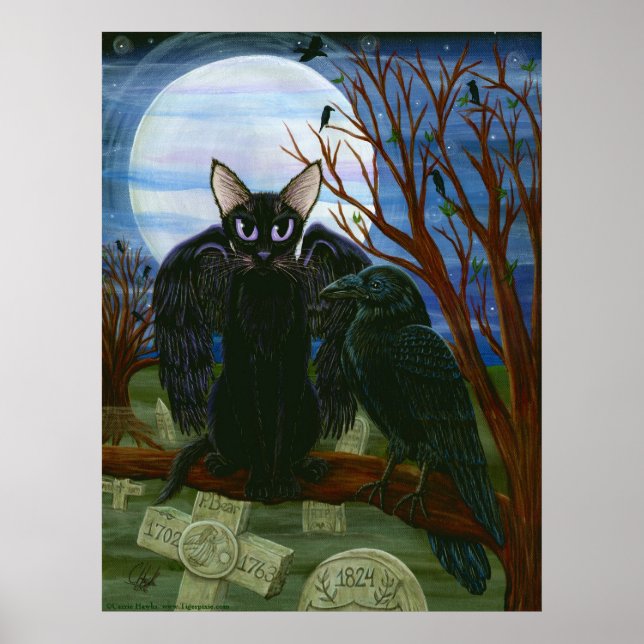 Raven's Moon Black Cat Crow Gothic Art Poster (Front)