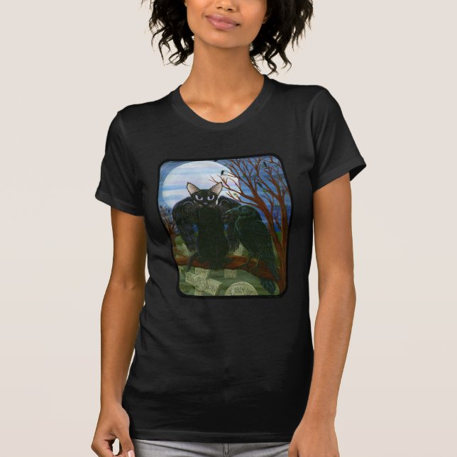 Raven's Moon Black Cat Crow Gothic Fantasy T-Shirt (Front)