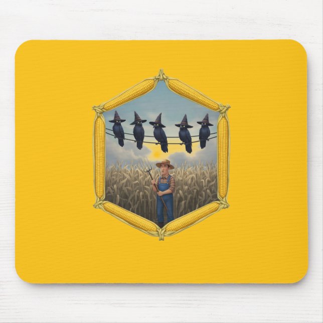 Ravens On A Wire Eyeing Farmer Brown's Cornfield Mouse Mat (Front)
