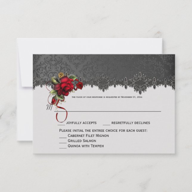 Ravens Red Roses Grey Black Damask RSVP Card (Front)