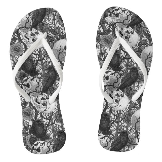 Raven's secret. Dark and moody gothic illustration Flip Flops (Footbed)