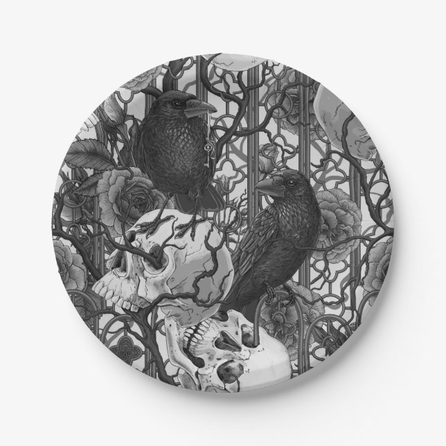 Raven's secret. Dark and moody gothic illustration Paper Plate (Front)