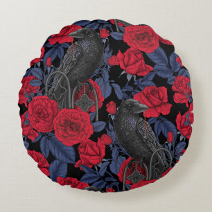 Raven's secret. Dark and moody gothic illustration Round Cushion
