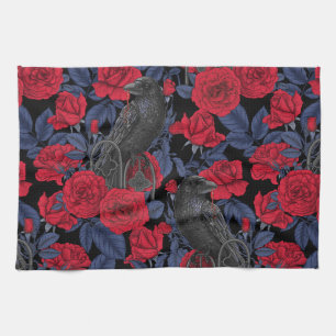 Raven's secret. Dark and moody gothic illustration Tea Towel