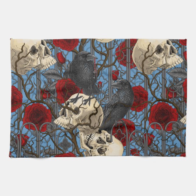 Raven's secret. Dark and moody gothic illustration Tea Towel (Horizontal)