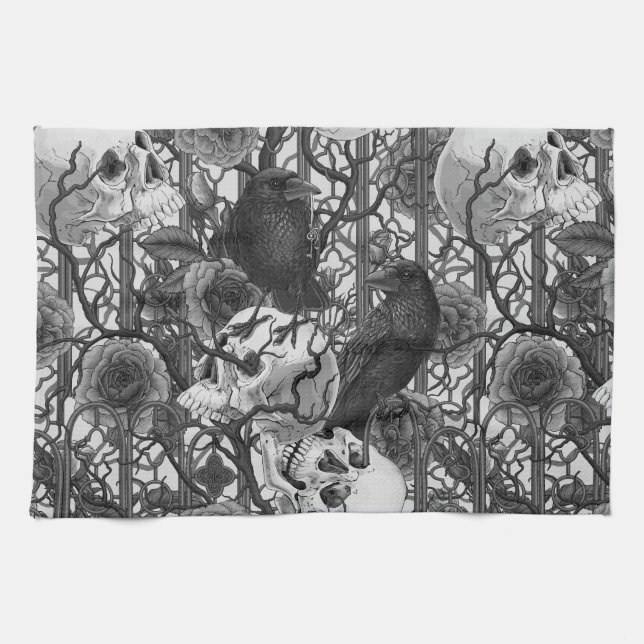 Raven's secret. Dark and moody gothic illustration Tea Towel (Horizontal)