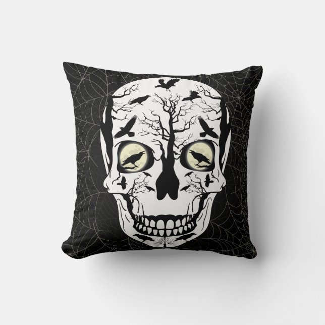 Ravens Skull Skeleton Pillow Home Decor (Front)